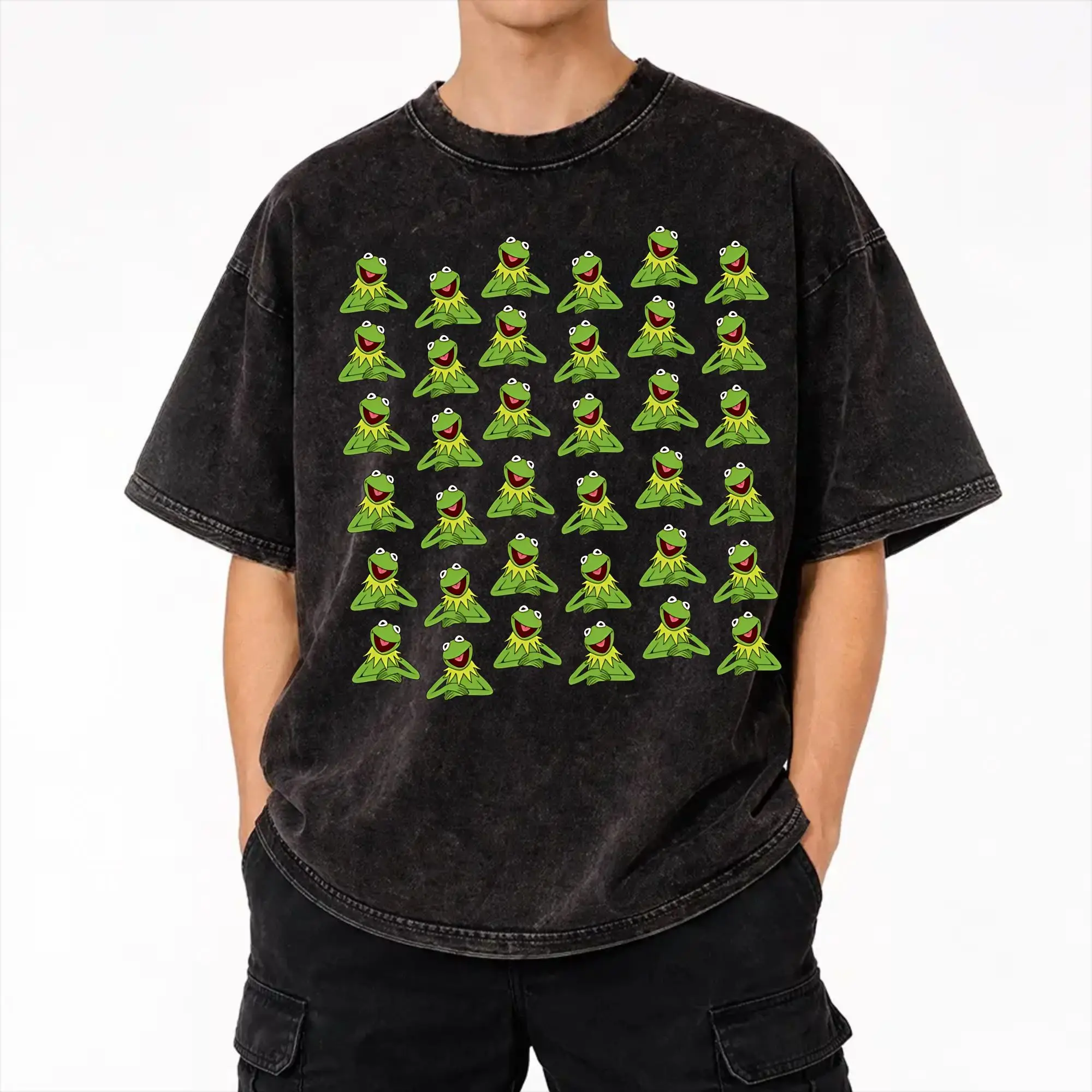 Kermits the Frog Washed T Shirt Streetwear Hip Hop Vintage T-Shirt  Tee Shirt for Men Women Short Sleeve Harajuku