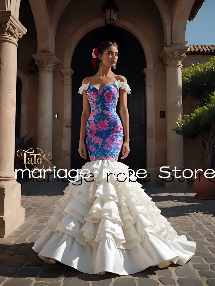 Gaun Pesta Prom Long Mermaid TatosCouture Rok Bertingkat Ruffle Off Shoulder Flamenco Runway Evening Gala Gown Customized