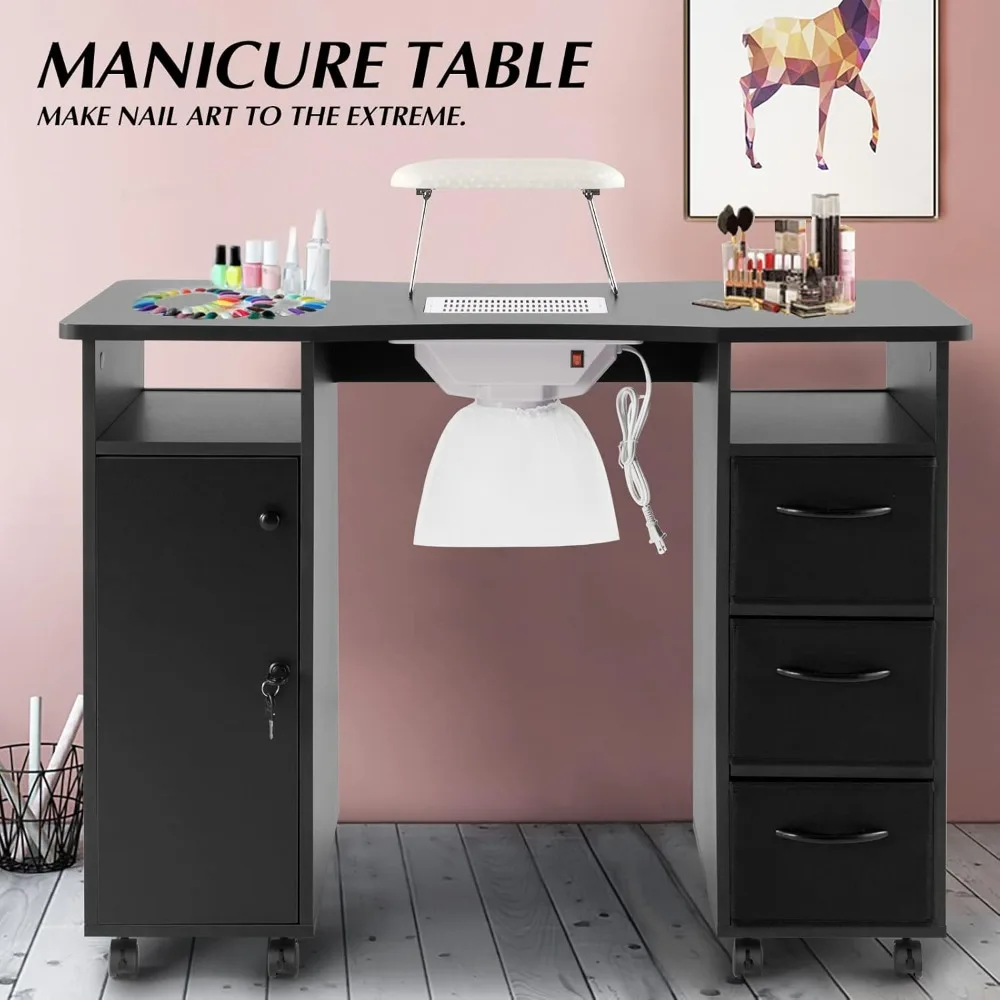 Artist Hand Manicure Table, Nail Beauty Manicure Desk, Nail Tech Table Station with Electric Downdraft Vent, Wrist Cushion