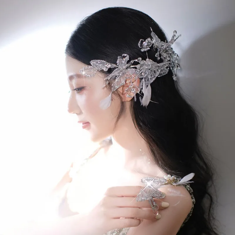 Princess Bridal Headband with Sensitivity Butterfly Feather Detail Sweet Exquisite Main Wedding Hair Accessory