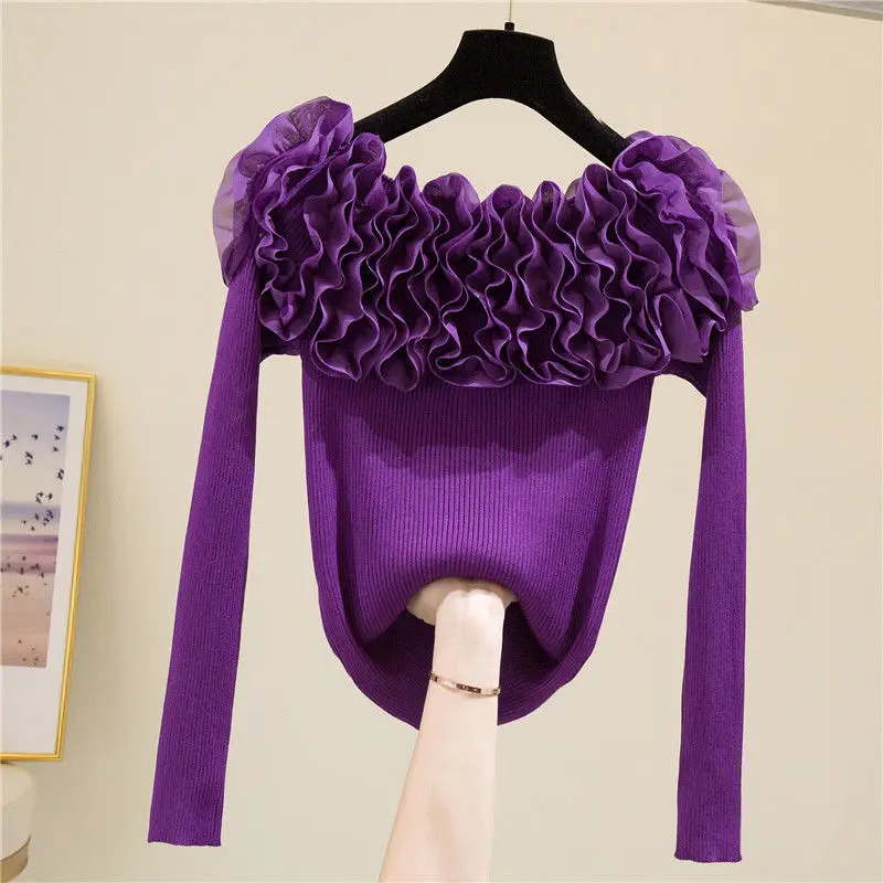 

Elegant Women Blouse With Ruffled Off Shoulder Design Sweet Style Slim Fit Long Sleeve Top For Spring And Autumn