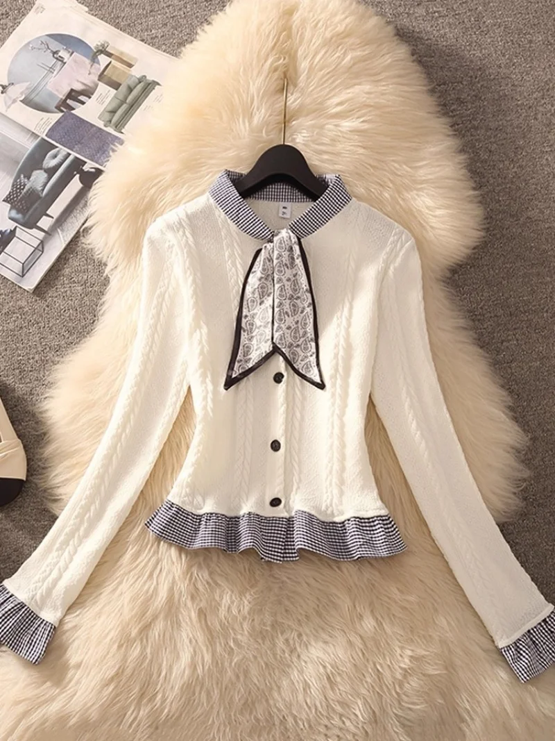 

Design Autumn Knitted Top Long Sleeve 2025 New Model, Fashion Single Breasted Plaid Spliced Elegant Shirt W1814