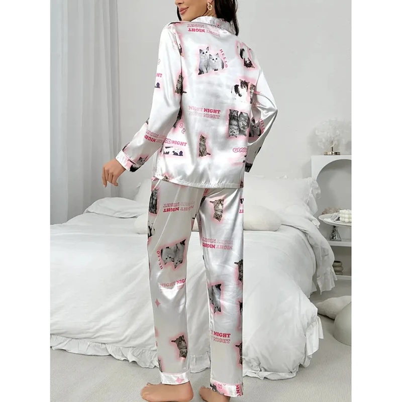 Kawaii Youth Girl Pajamas Satin Pijamas Long Sleeve Fashion Sleepwear Cute Cat Print Autumn Thin Pajama for Women Silk Homewear