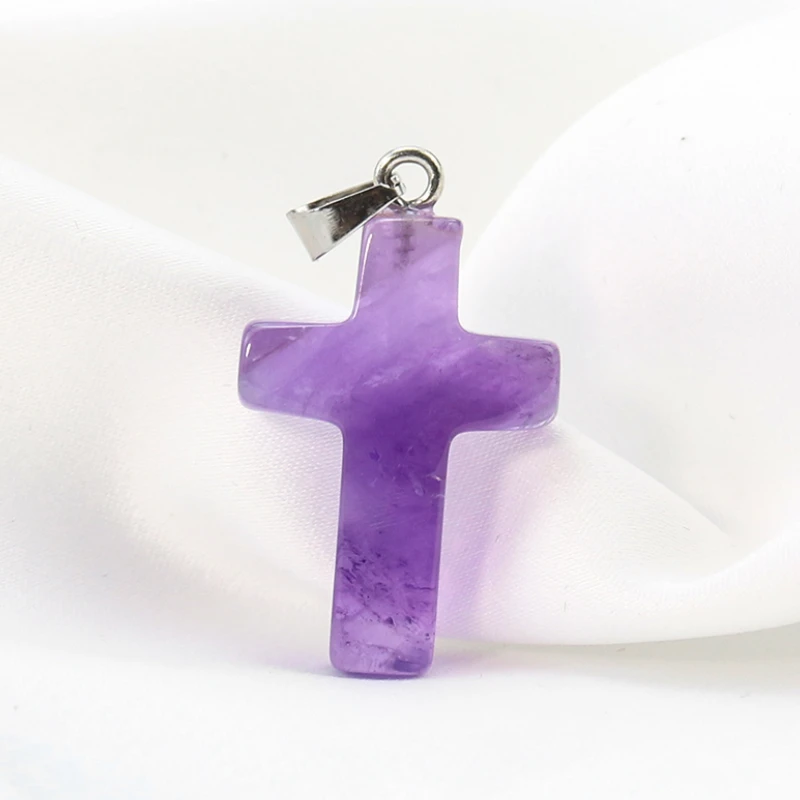 Real Amethyst Cross Charms Crystal Quartz Stone Pendant DIY Christian Necklace Earring Bracelet Woman Jewelry Making Accessory