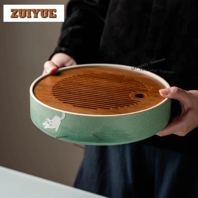 HOYIHM Hand-painted Cat Pot Bearing Holder Teaware Anti-scald Mat Dry Bubble Table Tea Tray Coasters Teaset Supplies Decoration
