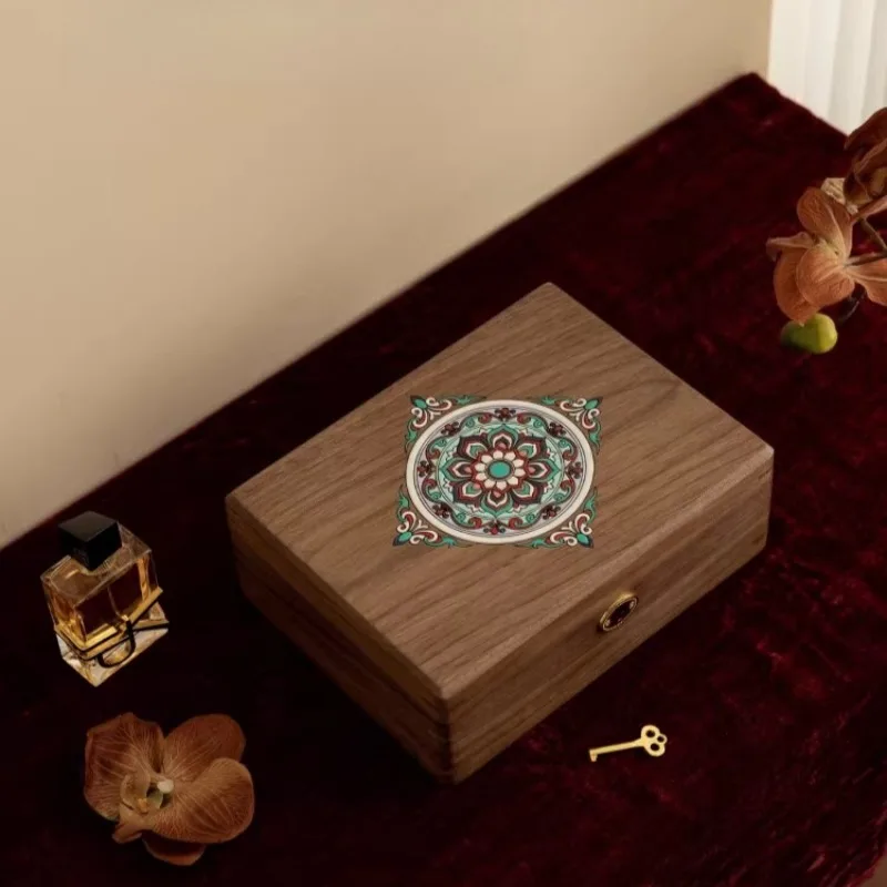 

Antique Wooden Jewelry Box with Lock - Two-Tier Grey Felt Lined Storage Case for Rings, Necklaces & Valuables Home Dresser Decor