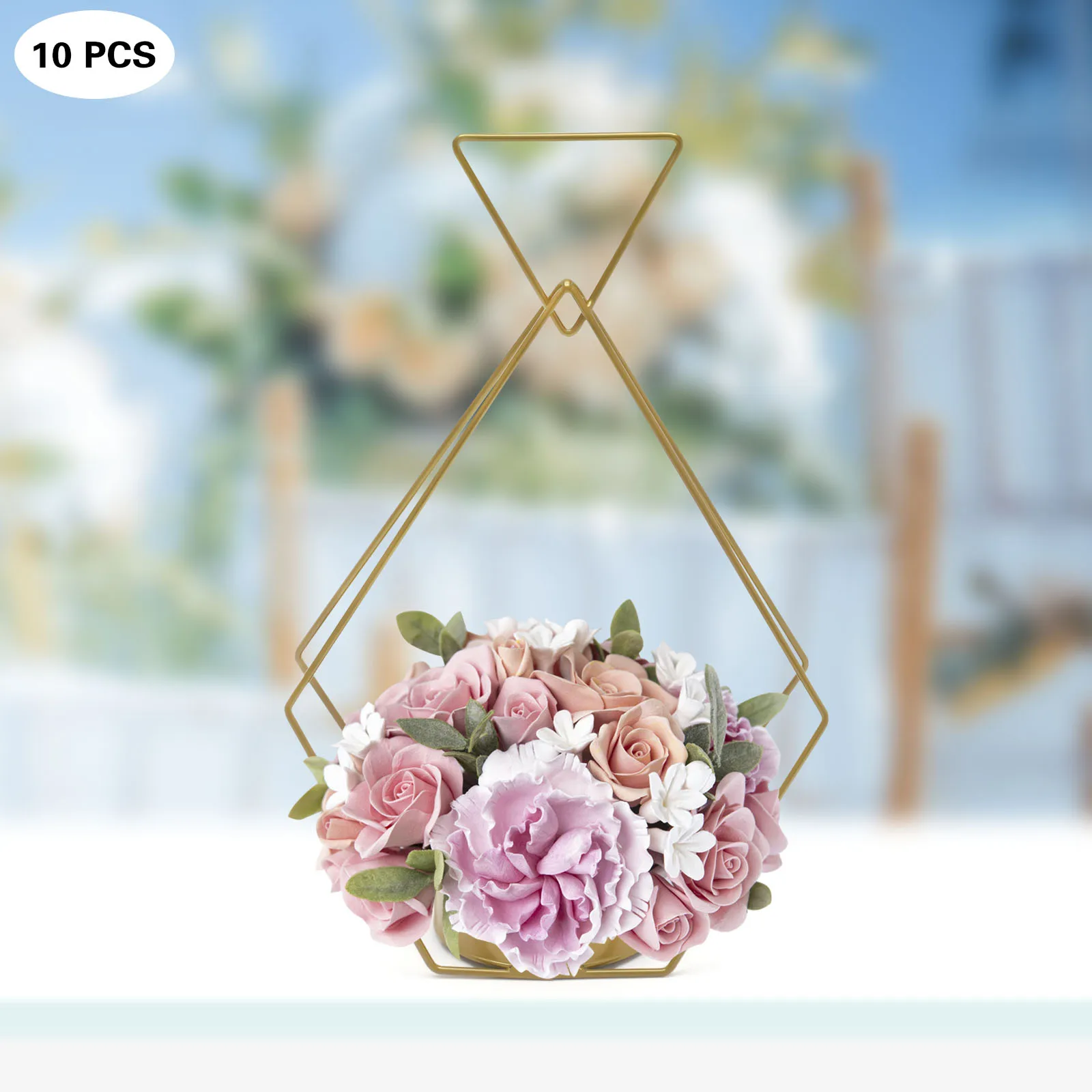 10Pcs Gold Elegant Modern Metal Diamond Shape Flower Vases for Wedding Party Tabletop Centerpieces Decoration Stand Holder