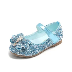 Children Leather Shoes For Girls Toddlers Big Kids Dress Shoes For Wedding Party Glitter Sequined Fabric With Bow-knot Mary Jane