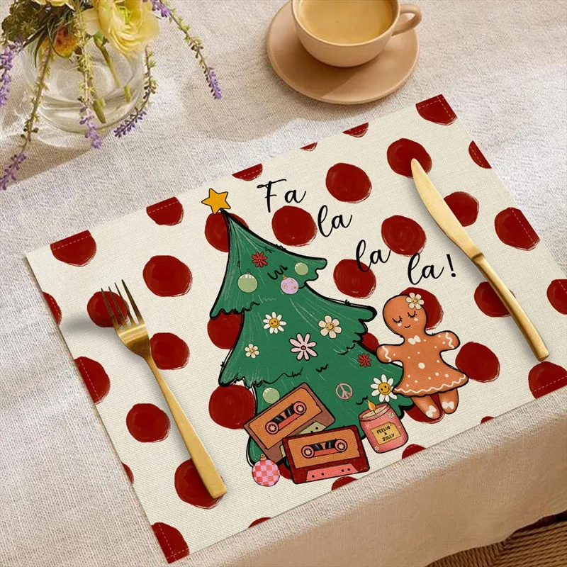 VIKAMA Linen Placemats Groovy Retro Christmas Tree, Green Red Cream, Stain Resistant Easy to Clean, Dining Table Holiday