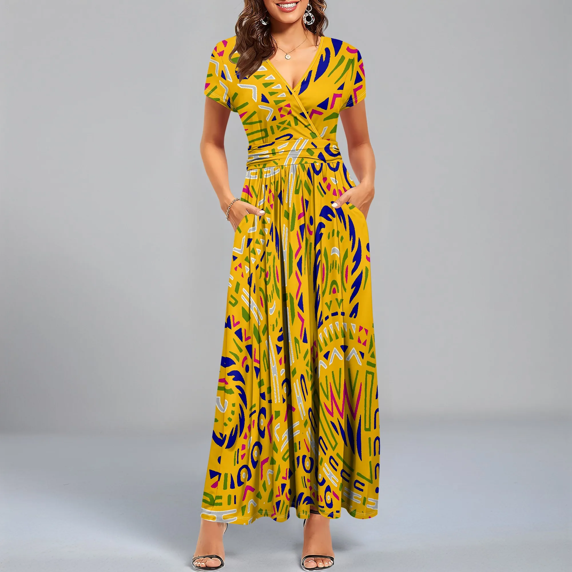 

Nupusa Geometric Print Dress for Women Regular Size Summer Casual Wrap V - Neck Short Sleeve Maxi