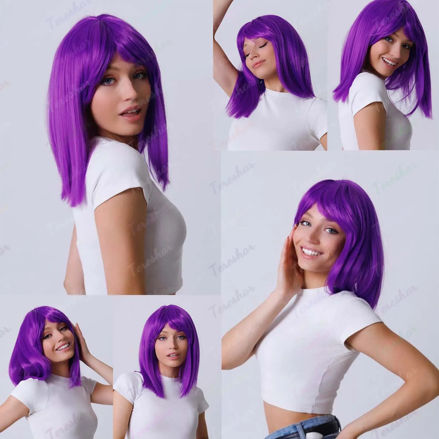 Synthetic Short Purple Straight Bob Wig with Bangs for Women Shoulder Length Wig for Daily Party, Ennui Wig, Multi-colored Wig