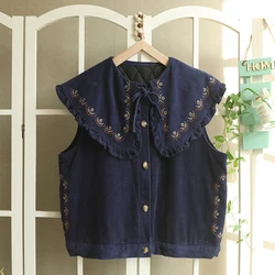 Autumn Winter Sweet Embroidered Corduroy Vest Tops Women Casual Sleeveless Tops WH1007