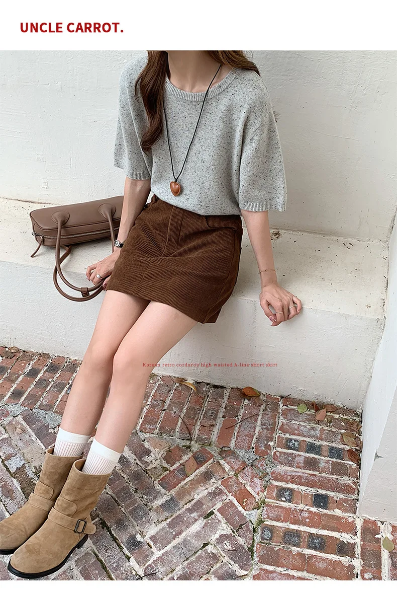 Women's High-Waist A-Line Short Skirt Spring Autumn Retro Brown Corduroy Skirts Woman Solid Color Straight Leg Pencil Skirt Mini