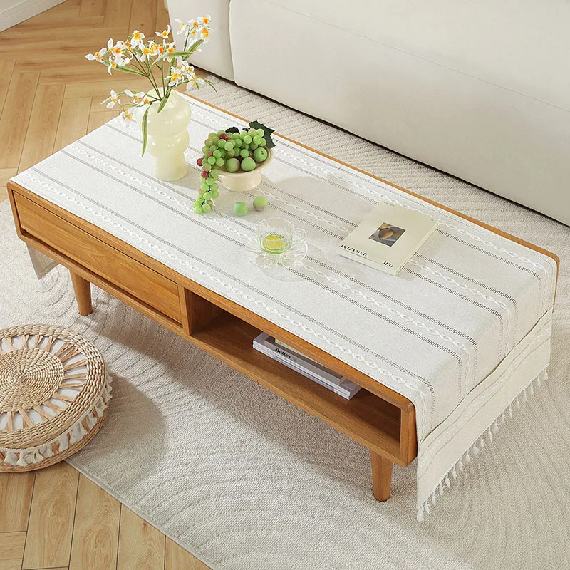 Nordic Plain Striped Tablecloth with Pockets Modern Decorative Dust-Proof Tassel Table Cloth Dirty-Resistant Desk Pad Towel
