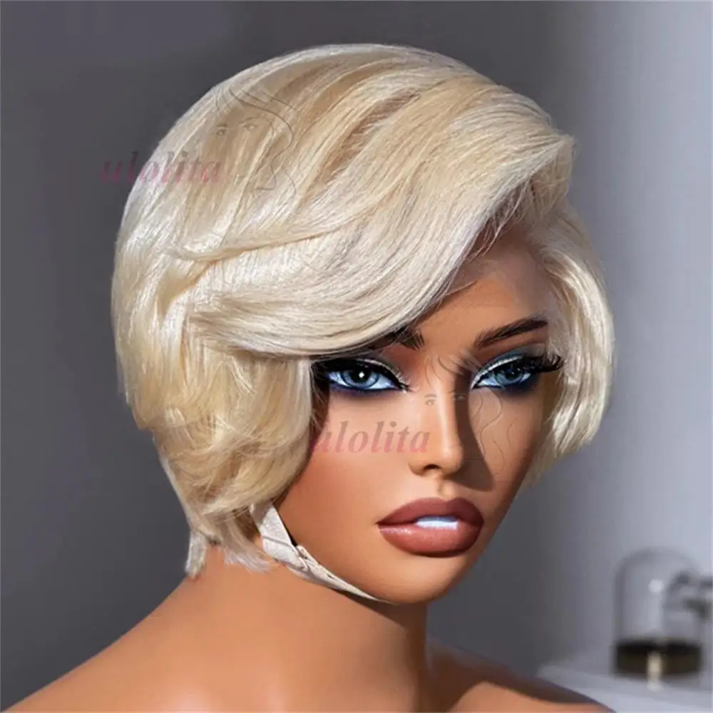 Pixie Cut Perücke Brasilianisches 613 Blondes Glattes Haar mit Seitenscheitel 13x4 Kurzer Bob HD Transparente Lace Front Echthaarperücke für Frauen – Detail 2