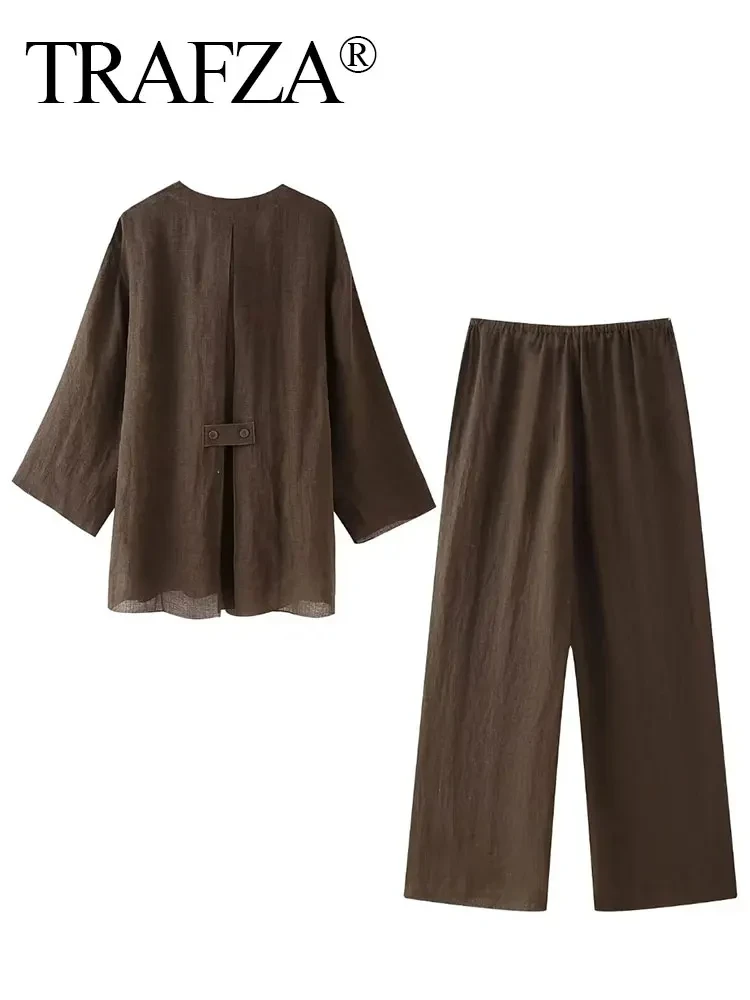 TRAFZA Women\'s Summer Lace Up Pajama Style Pants Sets 2024 Long Sleeve Shirts Top + Wide Leg Trousers Two Piece Set Outfits
