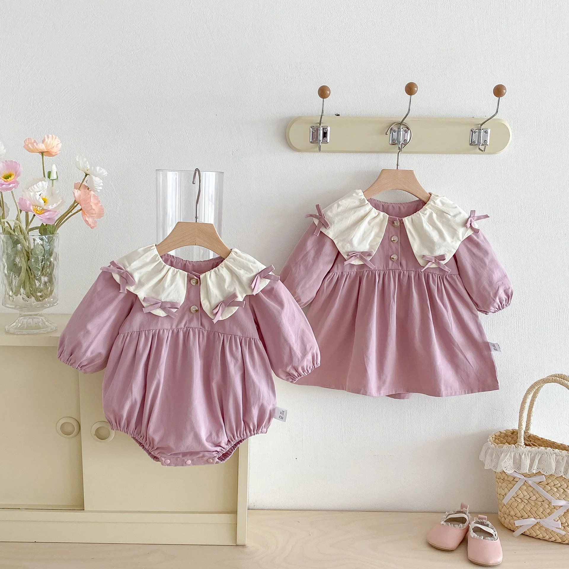 2025 Autumn New Baby Girl Long Sleeve Bow Peter Pan Collar Bodysuit Cotton Girls Solid Dress Infant Toddler Sisters Clothing