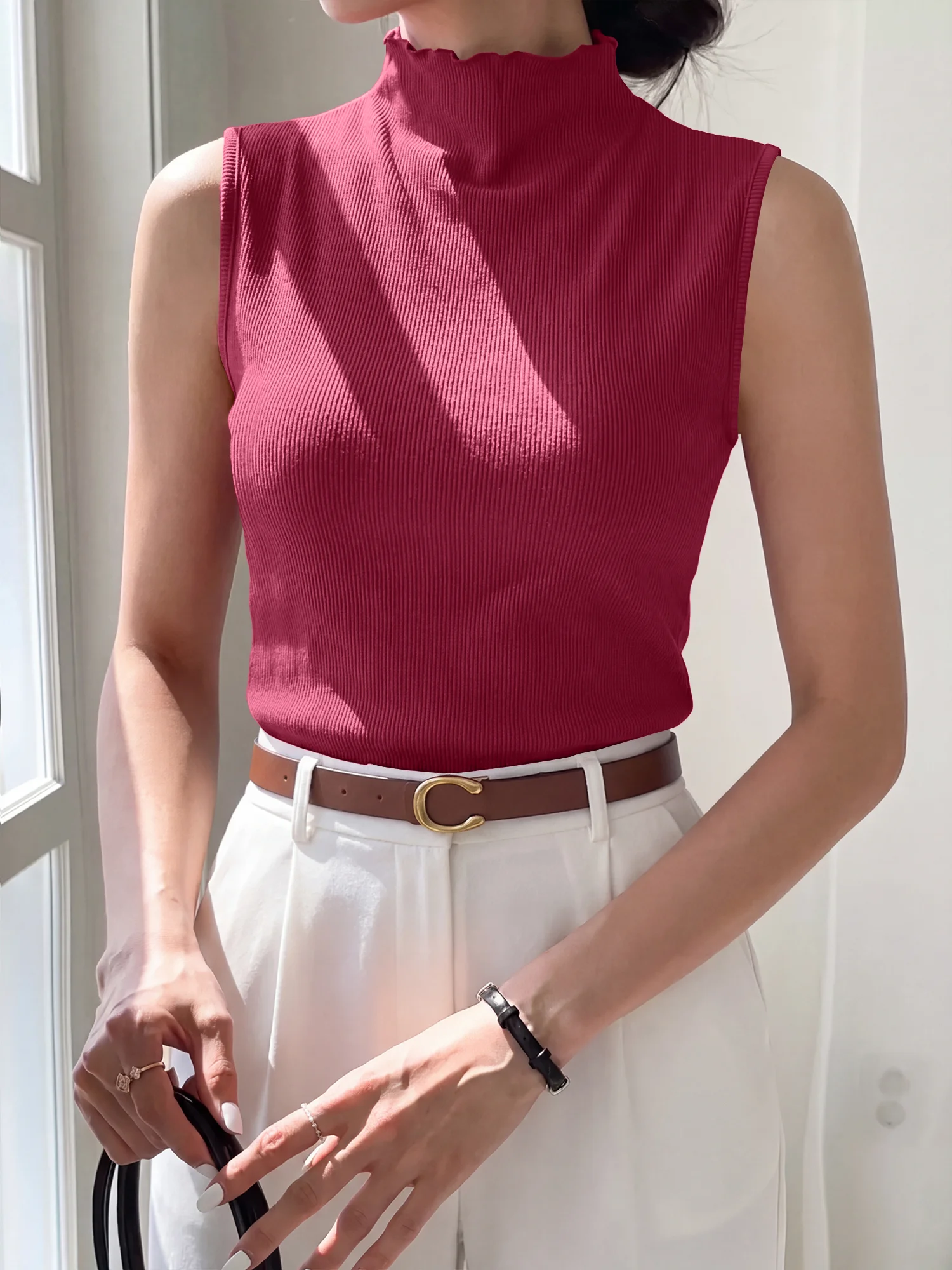 Wave‑Edged High‑Neck Sleeveless Knit Top, Stretch Slim Vest for Smart Professional Daily Corporate Outfits