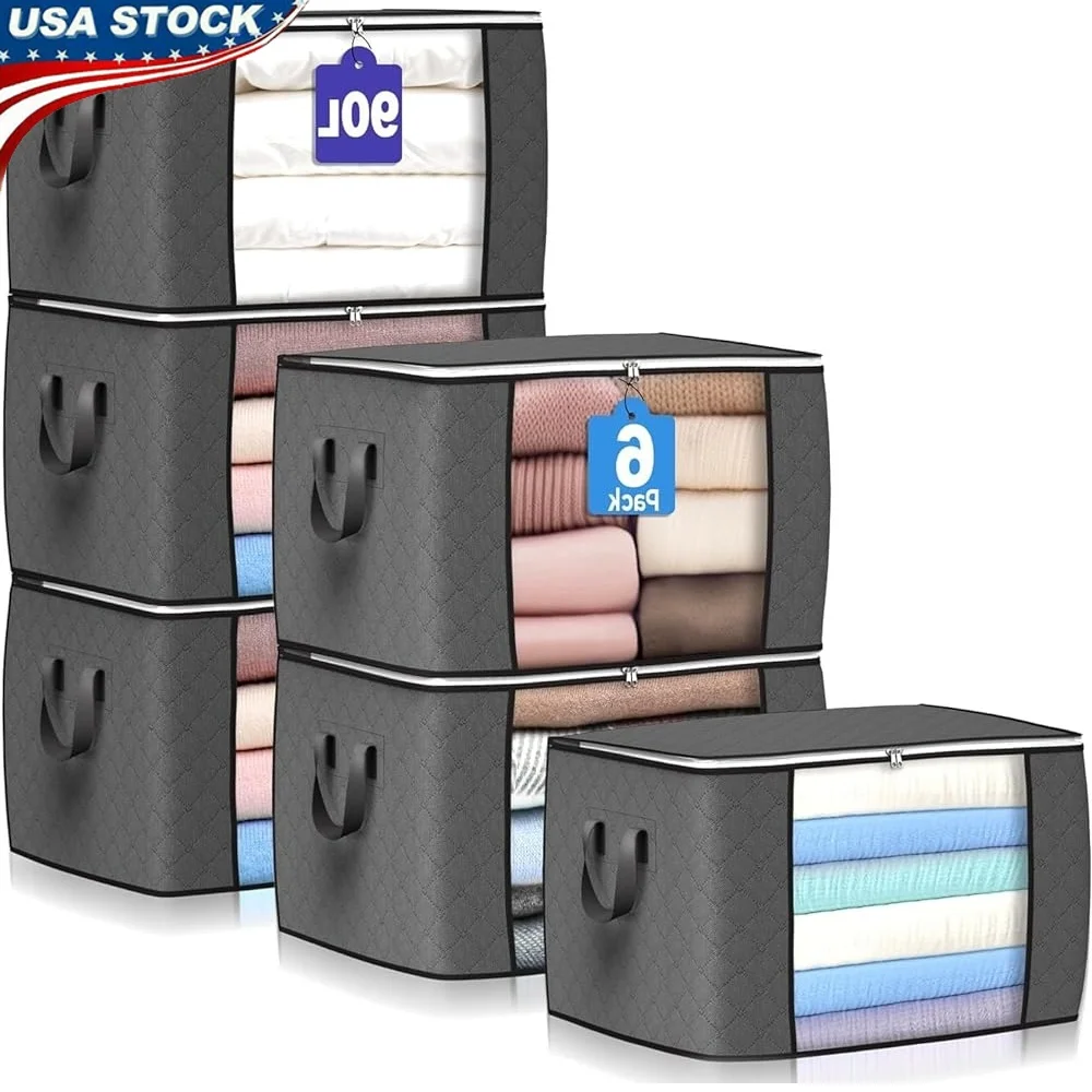 

90L Large Storage Bags 6 Pack Foldable Clothes Storage Bins Organizers Containers with Reinforced Handle Household Travel Dorm