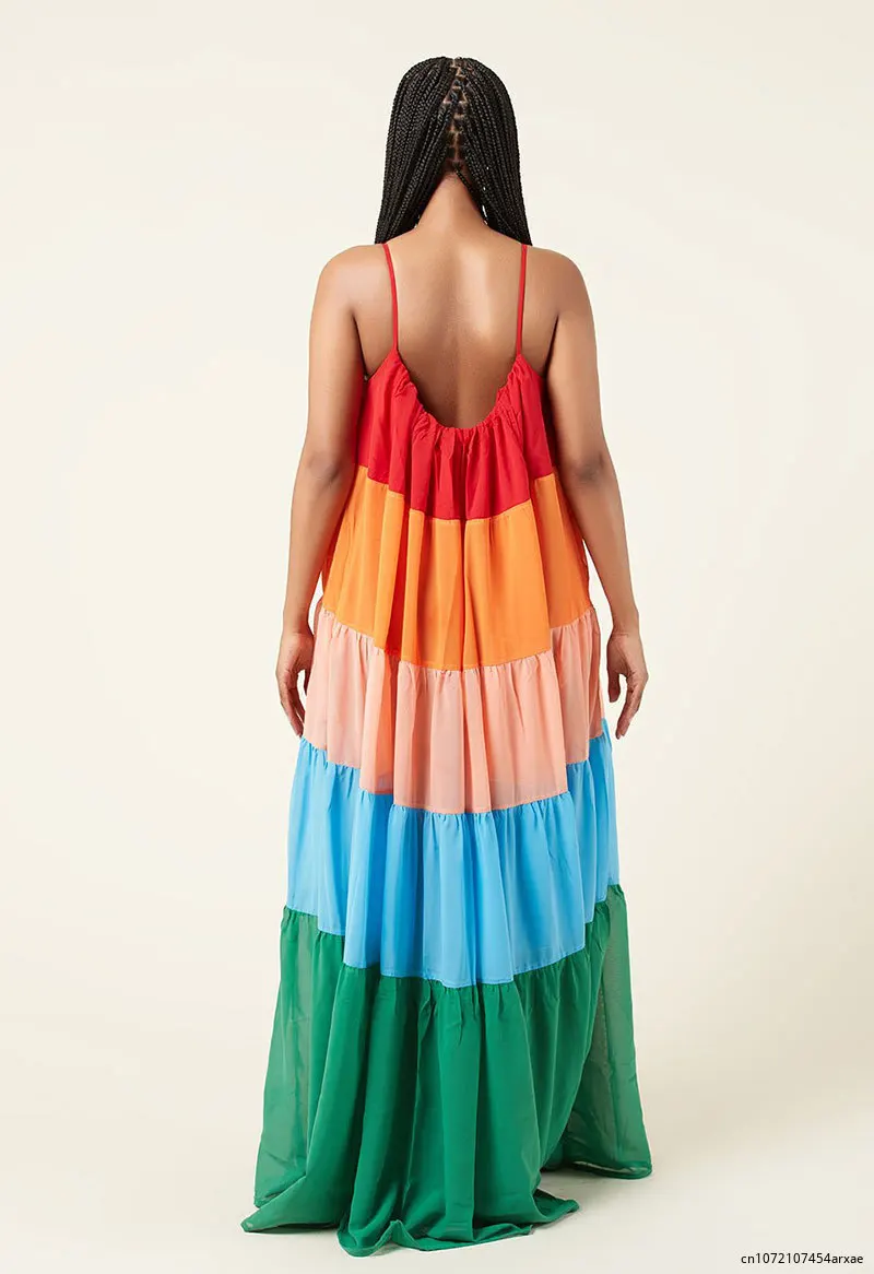 Vestido Midi informal de verano para mujer, traje Multicolor de retazos con escote en V y tirantes, sin mangas, 2024