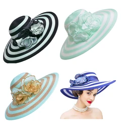 Lawliet Women Wide Brim Summer Hat Organza Stripe Flower Sun Hat Elegant Ladies Floppy Beach Hat for Kentucky Derby Party A437