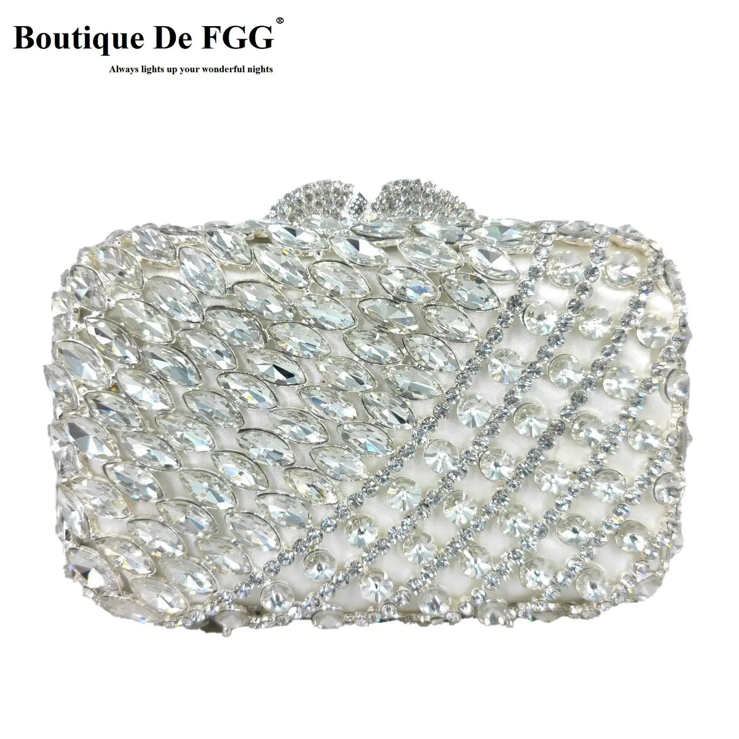 

Boutique De FGG White Evening Bags and Clutches for Women Formal Party Dinner Rhinestone Handbags Bridal Wedding Crystal Bag