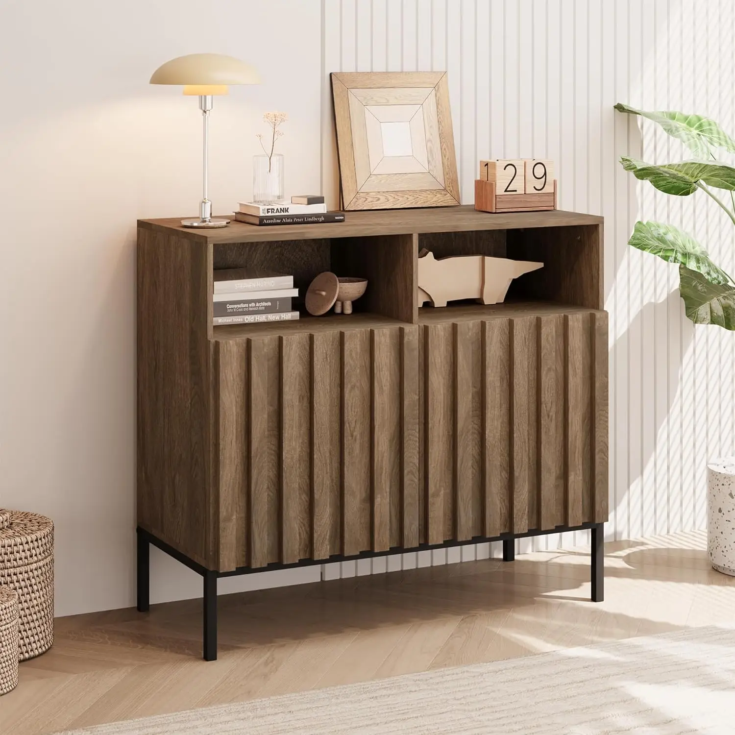 

Modern Buffet Cabinet w/ Doors and Adjustable Shelves, Rustic Industrial Sideboard Cabinet Console Table for Living Room