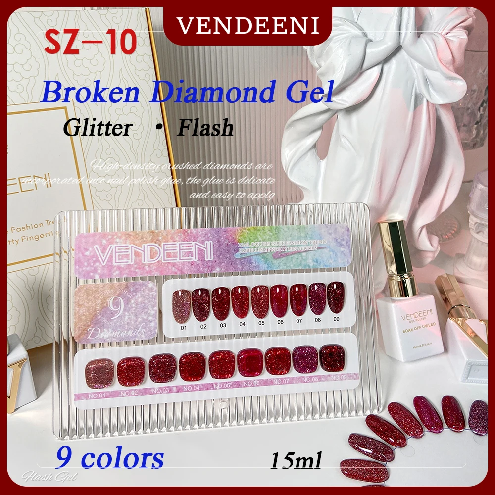 Vendeeni 15ml 9 Color/set Bright Red Glitter Broken Diamond Gel Nail Polish Soak Off UV Led Pure Red Nail Art Varnish