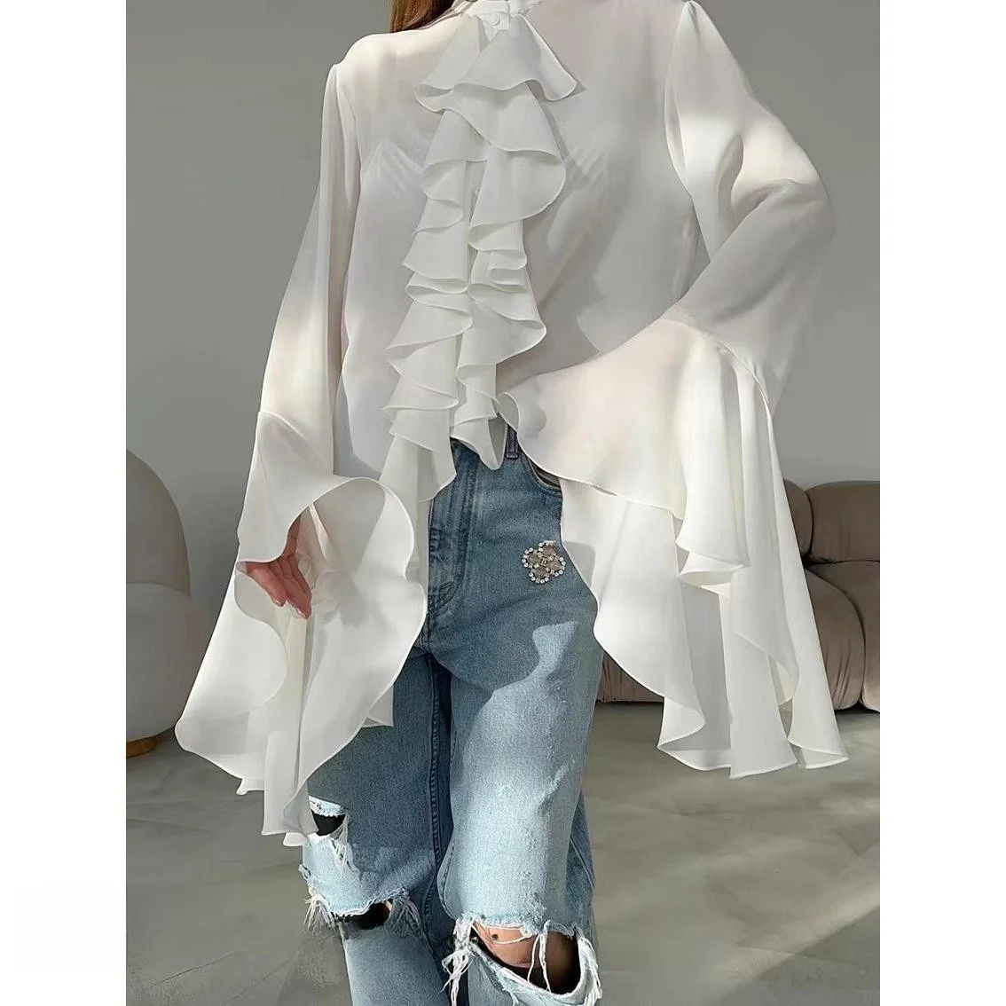 

New round Ne Bell Sve irt Lotus Le Lace Chiffon Design Women's Premium Faion Spring 2024 Loose Fit Long Sve