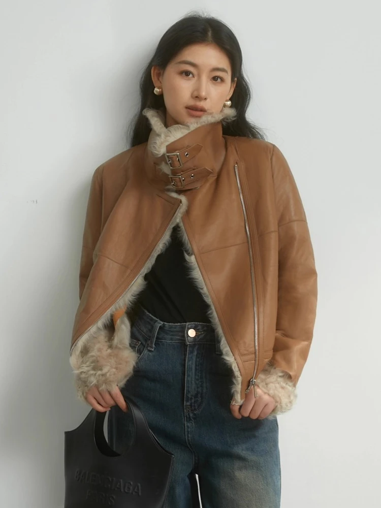 高級天然ラムファー冬用レディースバイクジャケット 2025年新作 シンプルカジュアル 暖かい本革リアルファーコート