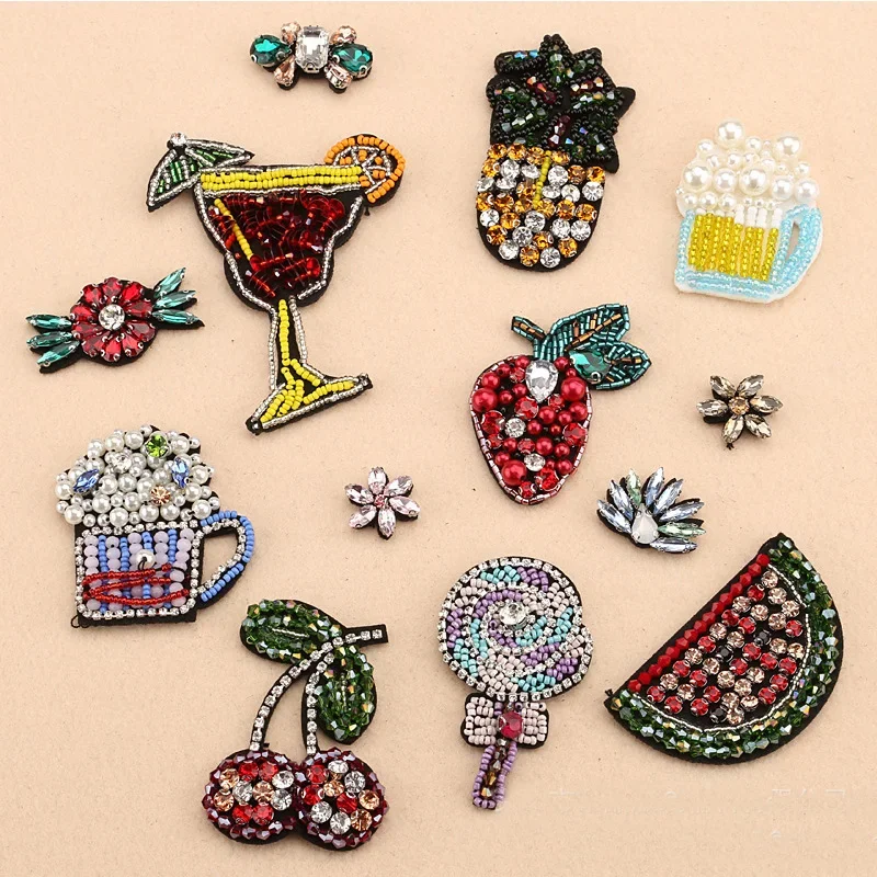 Hot Rhinestone Cherry Strawberry Pineapple Fruit Handwork Bead Embroidered Patches for Clothing Sew on Clothes Appliques Badge