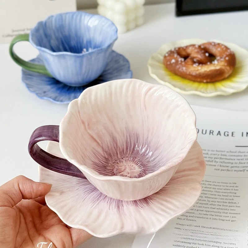 

350Ml Ceramic Flower Coffee Cup Design Sense Niche Women High Value Latte Cups Beautiful Saucer Set Tea Cup Set Coffee Mug
