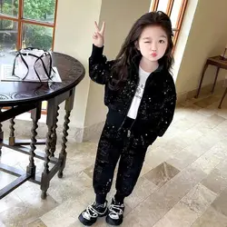 Girls' Spring and Autumn Fashionable Sequins Sports Casual Cardigan Two-Piece Set