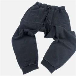 Men Unisex Vinatge Black Sweatpants Retro Loose Washed Drawstring Joggers 400gsm Cotton