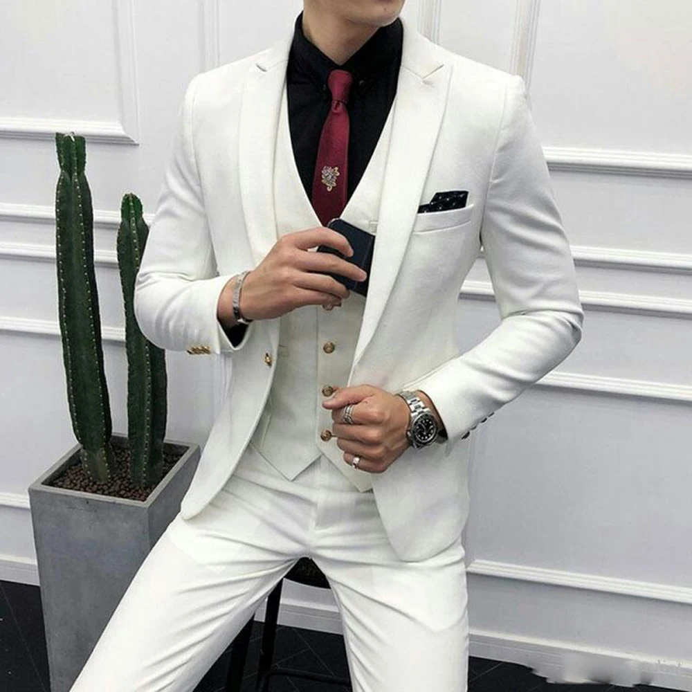 

Ivory Men Suits for Wedding Suit Man Blazer Peaked Lapel Slim Fit Groom Tuxedos 3 Piece Latest Coat Pant Designs Terno Masculino