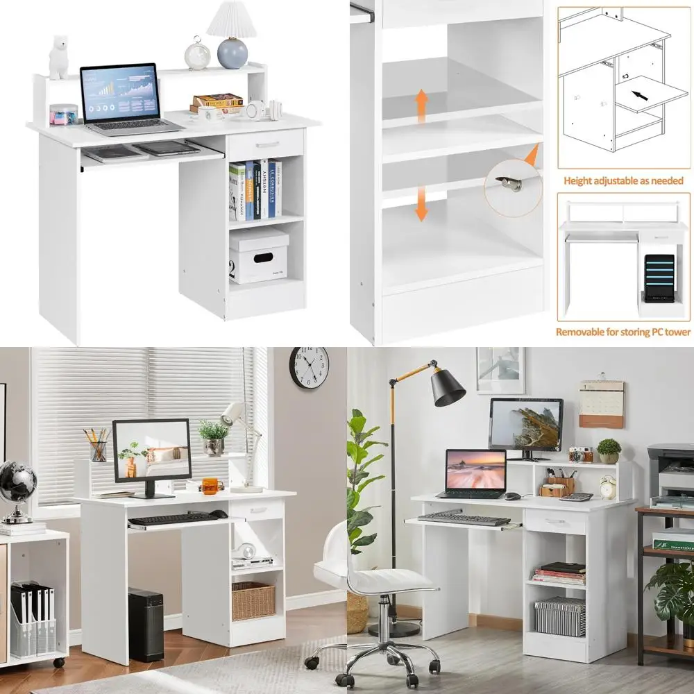 

Wooden Computer Desk with Keyboard Tray, Drawers, and Storage for Home Office and Study