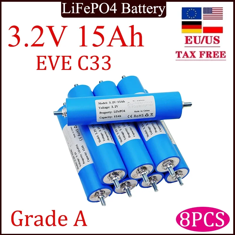 

8PCS LiFePO4 C33 3.2V 15Ah Lithium Phosphate Battery for 15000mAh High Capacity Engine Modification,New A-Class 4S 12V