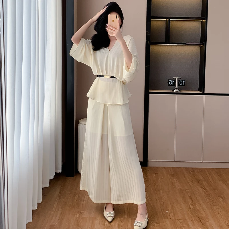 

New Temperamental Autumn Women's Two Piece Set V-neck Blouse +high Waist Skirts Elegant Office Street Wear Outfit Female