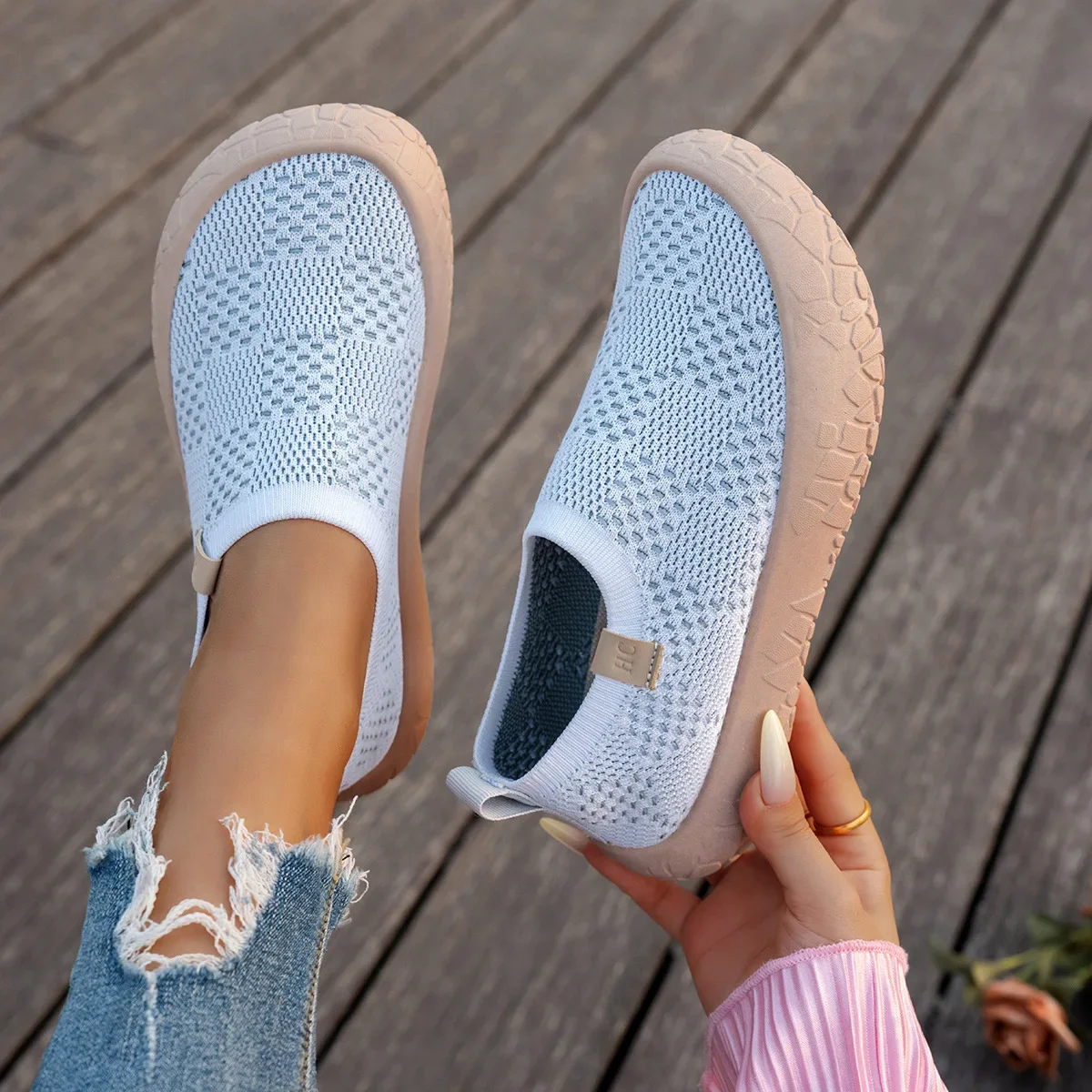 Atmungsaktive Damen-Slip-On-Sneaker mit Plateau, dicker Gummisohle, leicht, rutschfest, für Outdoor, Walking, Alltag und Freizeit – Detail 3