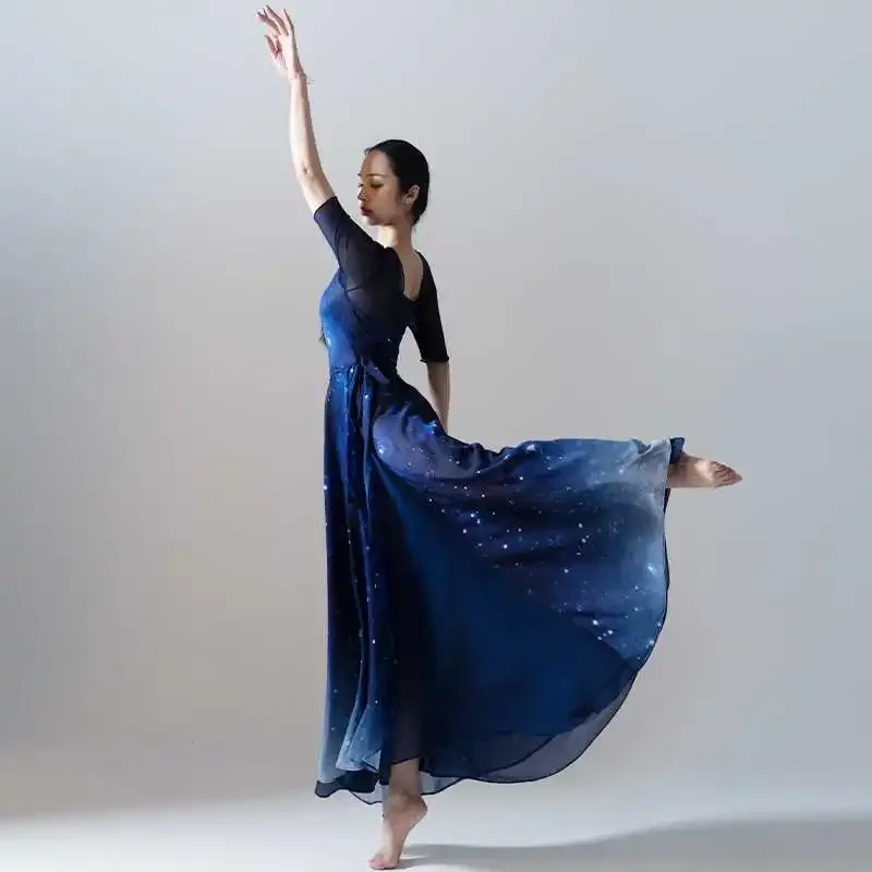 Starry Sky Blue Gradient Chiffon Dance Suit Women Large Skirt Modern Dance Classical Dance Ballet Stage Performance Clothing