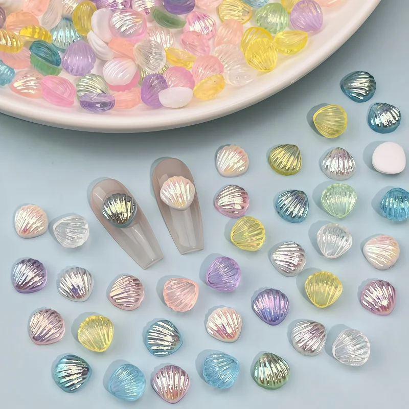 50pcs Aurora Shell Nail Charms Ocean Series Colorful 8x8mm 3D Mini Shell Resin DIY Press On Nail Art Manicure Decor Accessories