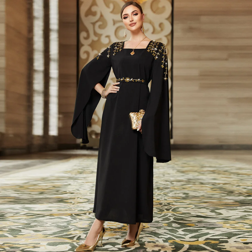 Luxury Middle East Black Muslim Dress for Women Eid Arabic Femme Evening Party Clothing Islamic Long Sleeve Turkey Dresses