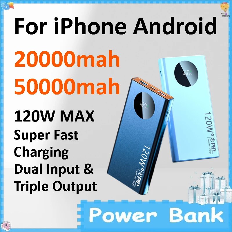 Batería Externa Portátil de Gran Capacidad de 20000/50000 mAh y 120 W con Carga Rápida Bidireccional para iPhone y Android