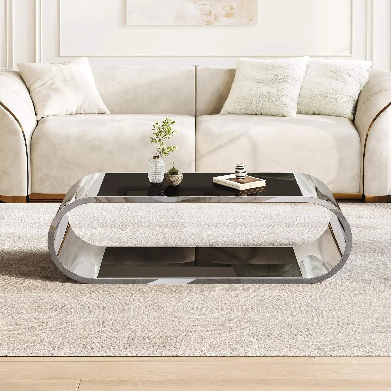 Oval Coffee Table with Glass Top & Stainless Steel Legs, Sliver, Customized