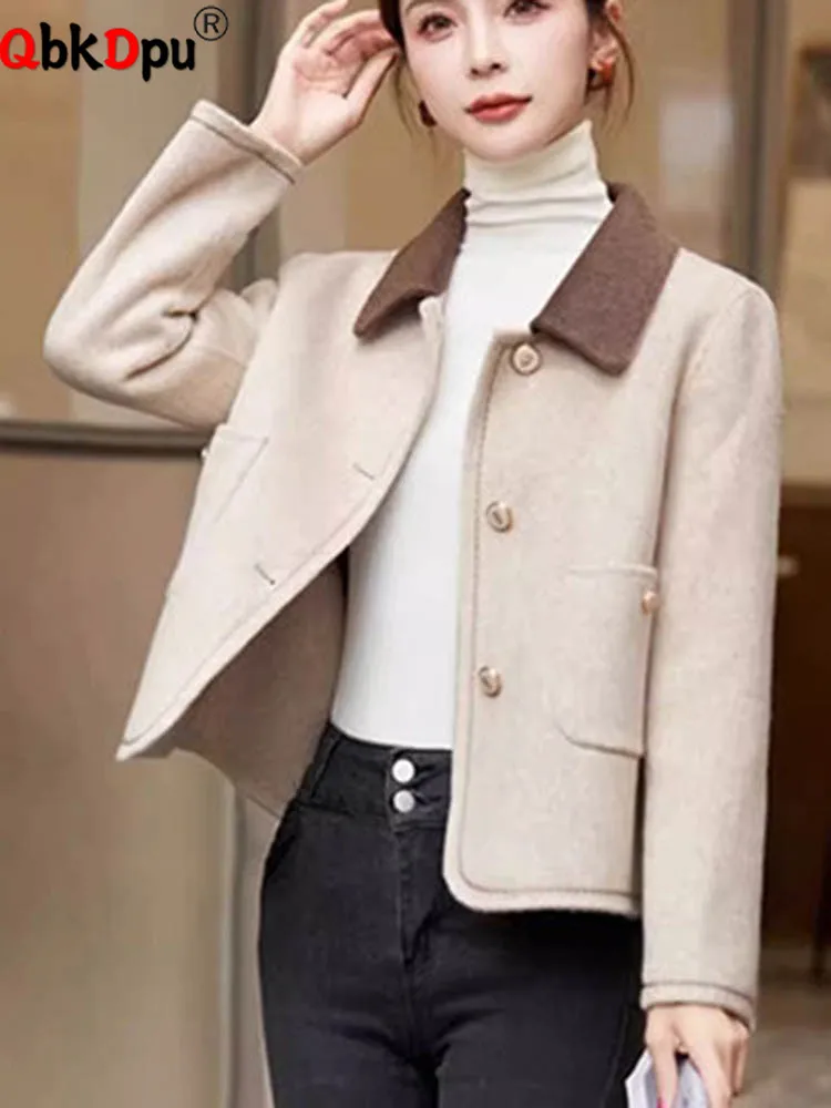 

Корейская модная шерстяная верхняя одежда, женские повседневные однобортные куртки с лацканами, осень-зима, шерстяные куртки с длинными рукавами