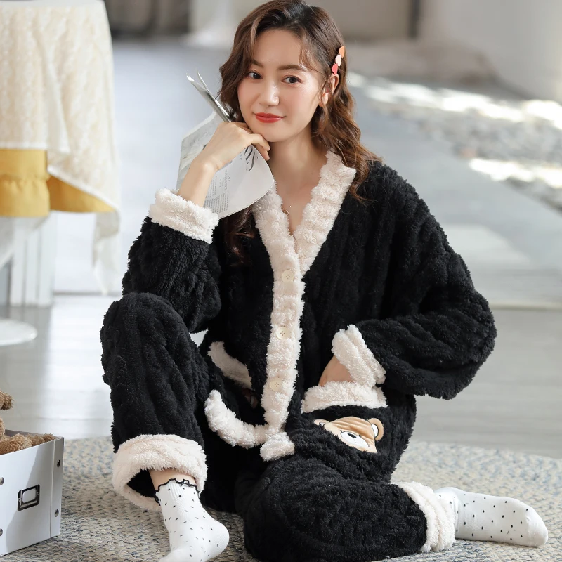 Korean Fashion Winter Coral Fleece Nightwear for Women V Neck Kimono Sleepwear 2Pcs/set Pajamas Young Girl Loungewear Mujer image 4