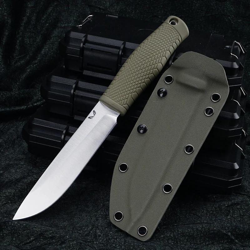 

BM202 Fixed Blade Knife 3V Blade Rubber Handle Outdoor Hunting Portable Tactical Straight Knives Camping EDC Tools With K Sheath