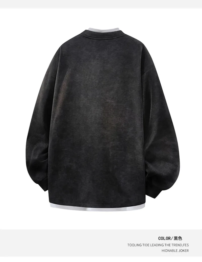 2026 Autumn New Round Neck Fake Two-piece Hoodie Korean Fashion Harajuku Tie Dye Casual Loose Long Sleeved T-shirt Sweatshirt
