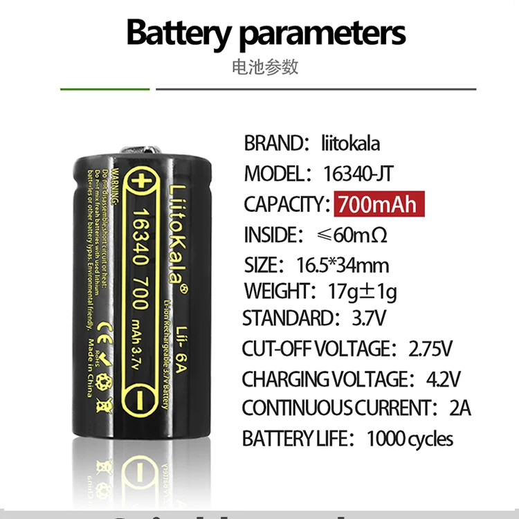 2/4PCS LiitoKala Lii-16A Li-ion 16340 Battery CR123A Rechargeable Batteries 3.7V CR123 for Laser Pen LED Flashlight Cell+charger