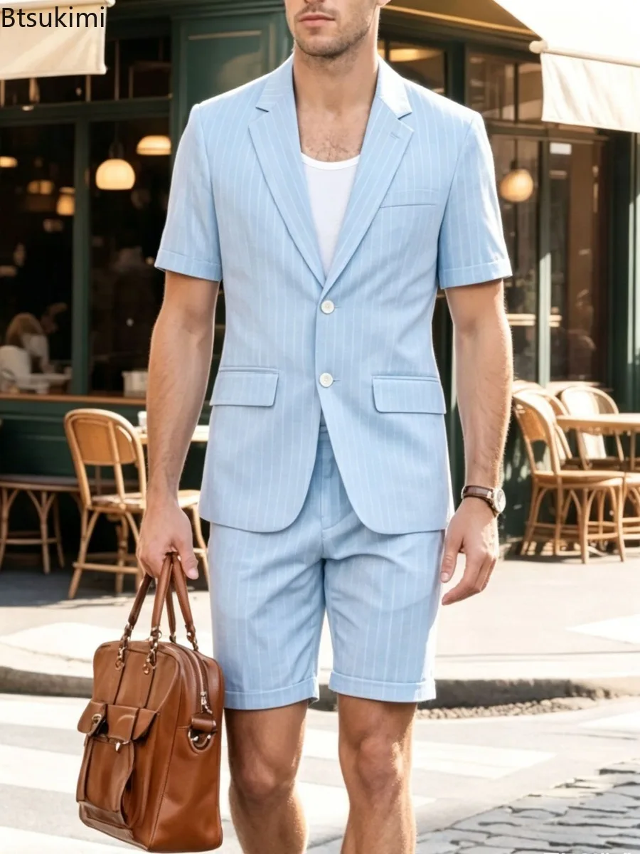 New Men's 2-piece Outfit Slim Single-breasted Short Sleeve Blazer Male Straight Shorts Men Thin Plaid Business Casual Suit Set